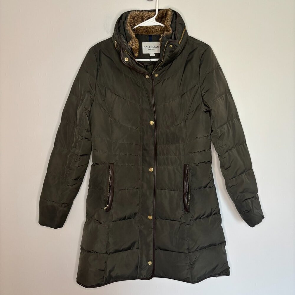 COLE HAAN Signature Down Feather Puffer Mid Length Womens S Coat Brown Hood